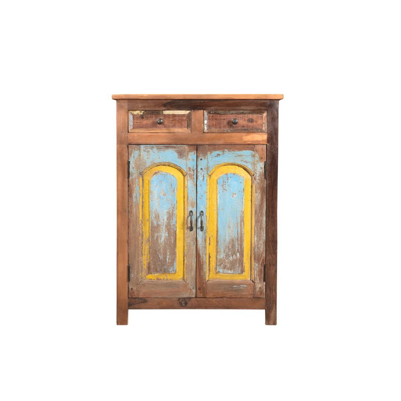 Reclaimed wood cabinet with 2 doors & 2 top drawers. The 2 doors are original architrave panels painted in blue and yellow distressed. Showing the front.