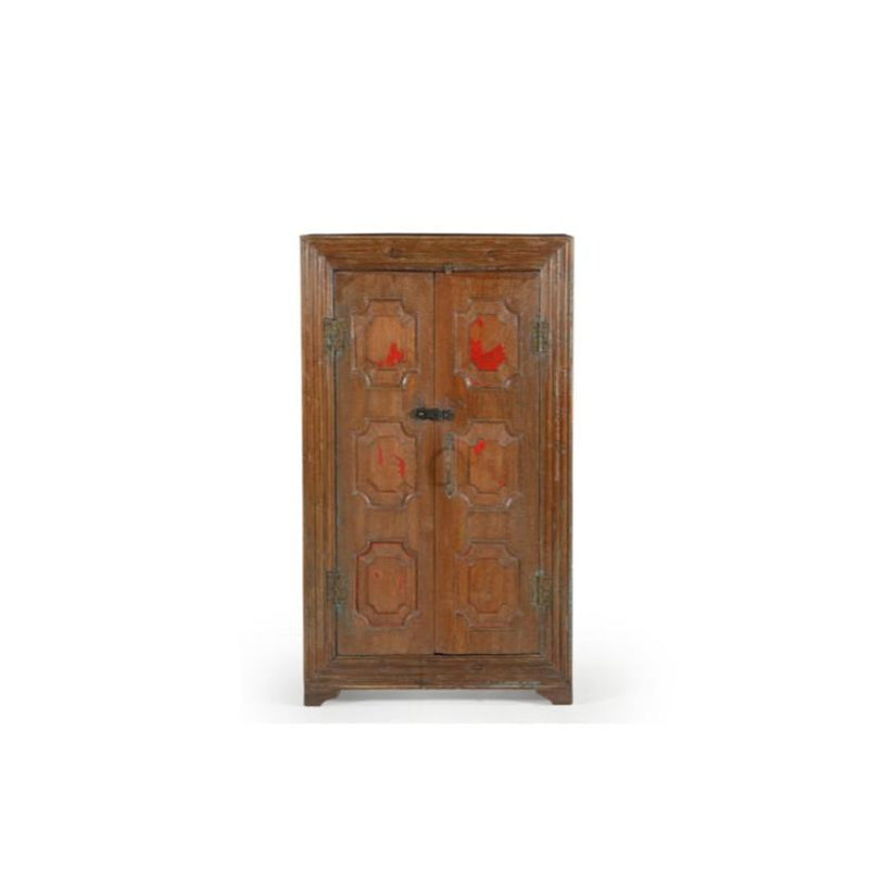 Vintage natural wood 2 doors cabinet with reminiscence of red paint on the doors. It has a lovely rimed trim around. front view
