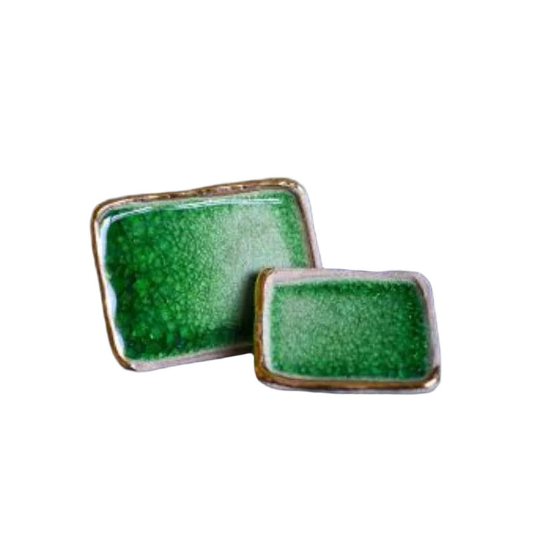 Soap dish made of clay & recycled green glass with gold trim