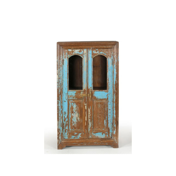 Teak vintage glass cabinet with 2 doors. Top panel of the door has curved glass and has been painted blue distressed.