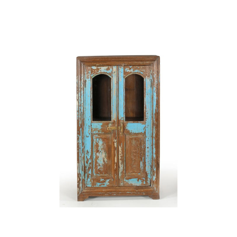Teak vintage glass cabinet with 2 doors. Top panel of the door has curved glass and has been painted blue distressed.