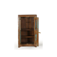 Teak vintage glass cabinet with 2 doors. Top panel of the door has curved glass and has been painted blue distressed. Doors are open to show 2 inner shelves.
