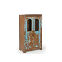 Teak vintage glass cabinet with 2 doors. Top panel of the door has curved glass and has been painted blue distressed. Side view