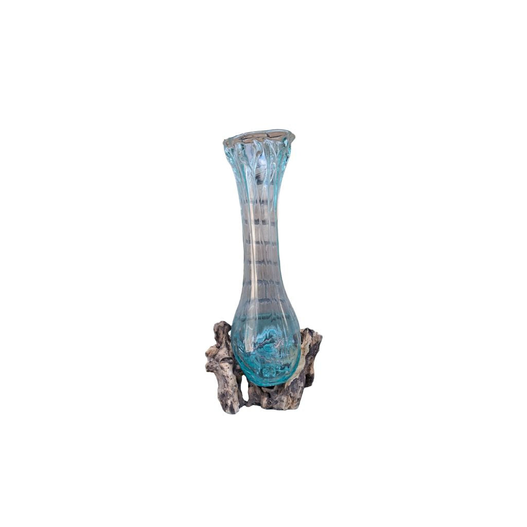 Decorative vase with a blue glass body and wooden base on a white background