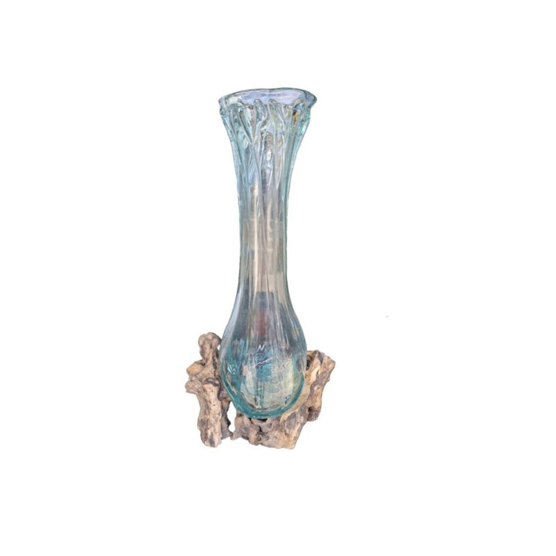 Glass vase with a textured base on a white background
