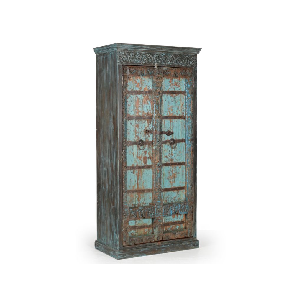 Vintage-style wooden cabinet with distressed blue and brown finish on a white background