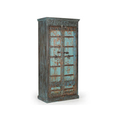 Vintage-style wooden cabinet with distressed blue and brown finish on a white background