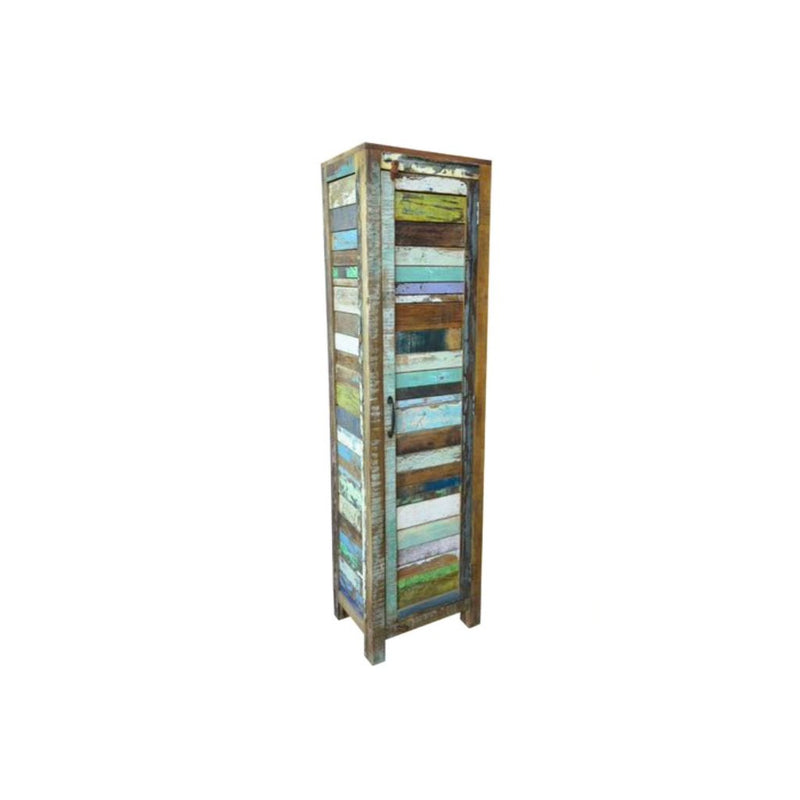 Tall single door cabinet made from reclaimed multi colour wood sideview wood