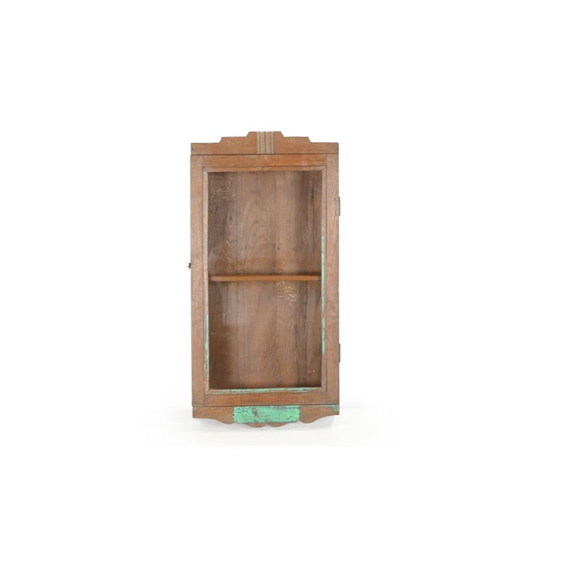 Wall glass cabinet with one shelf made from teak wood. here's some green paint on the sides and at the bottom. There's 2 decorative art deco style trim at the top & the bottom. Showing the front.