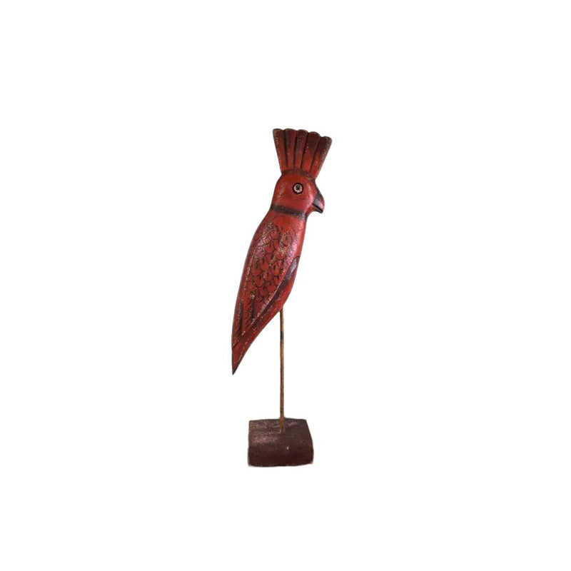 Handpainted red wood parrot on a metal stand an wood base