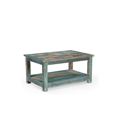 Wooden coffee table with a distressed blue and green finish on a white background
