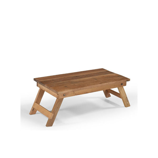 Small table tray made of natural reclaimed wood with folding legs side view