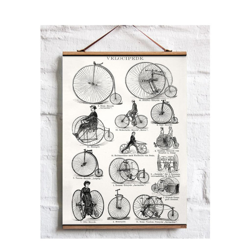 A canvas print titled 'Velocipede' displaying a collection of historical bicycle illustrations from the 1670s to the 20th century, with a gooseneck holder for a satin ribbon.