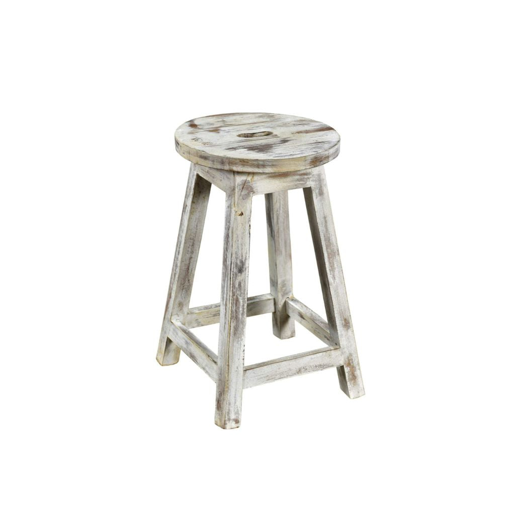 Wooden stool with a white distressed finish on a white background