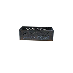 A rectangular black metal planter with a decorative cut-out design.