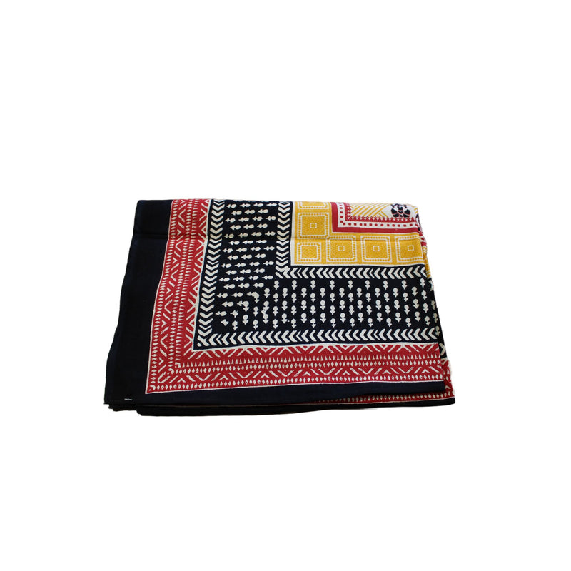 Block Print Table Cloth view of Black, yellow, red and white pattern