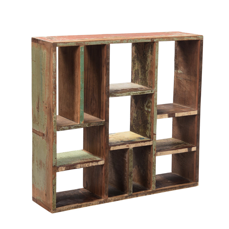 Deconstructed Wall Shelves Side View With Green, White and Cream Patina