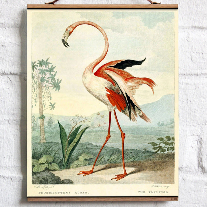 Vintage print of a flamingo in an exotic surrounding with 2 wood trims
