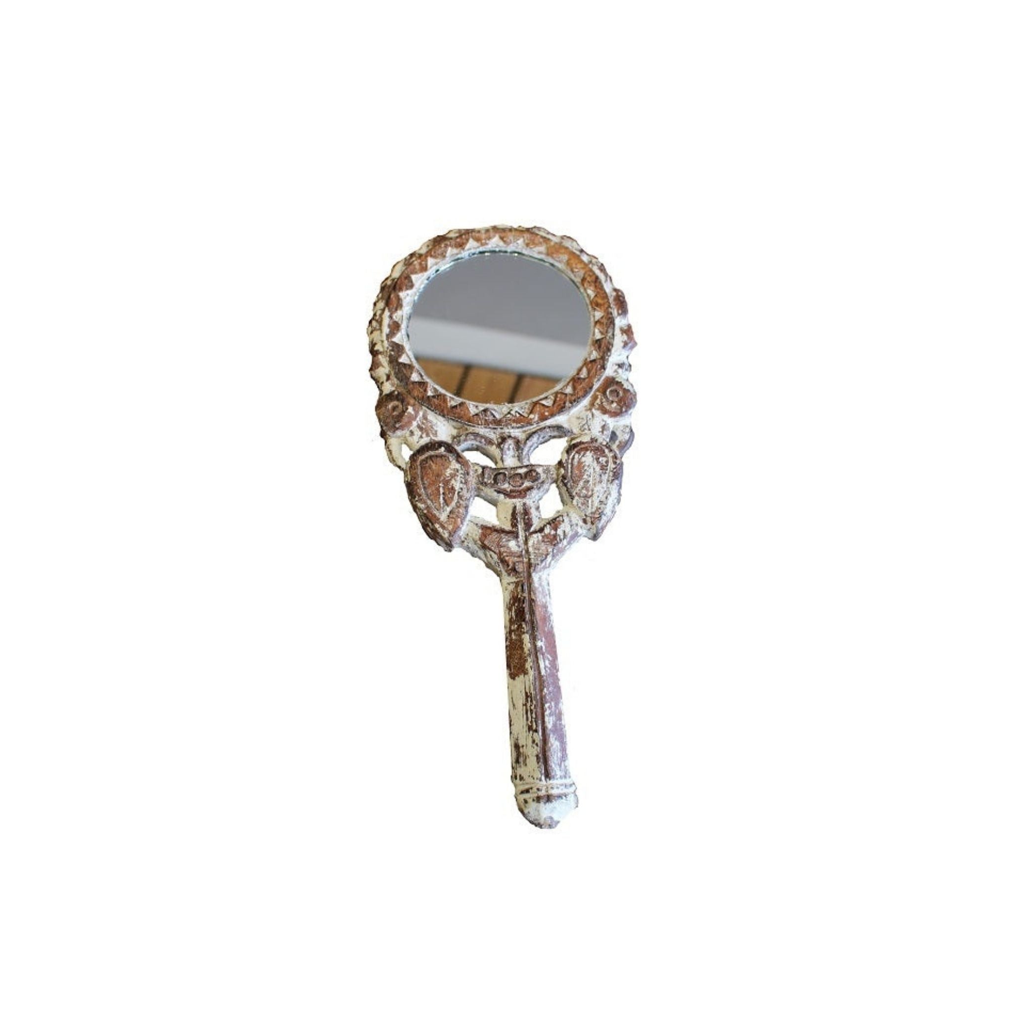 Hand Carved Hand Mirror white distressed patina mirror Front view of product