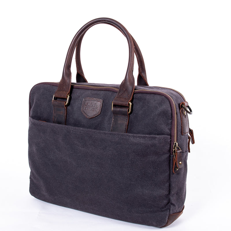 Laptop bag in waxed canvas with 2 leather handles & zip closing charcoal