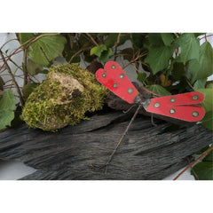 Handcrafted Recycled Oil Barrel Metal Wall Dragonfly red colour on log