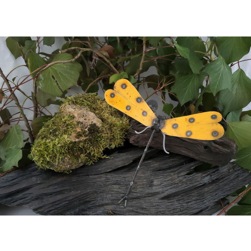 Handcrafted Recycled Oil Barrel Metal Wall Dragonfly yellow colour on log