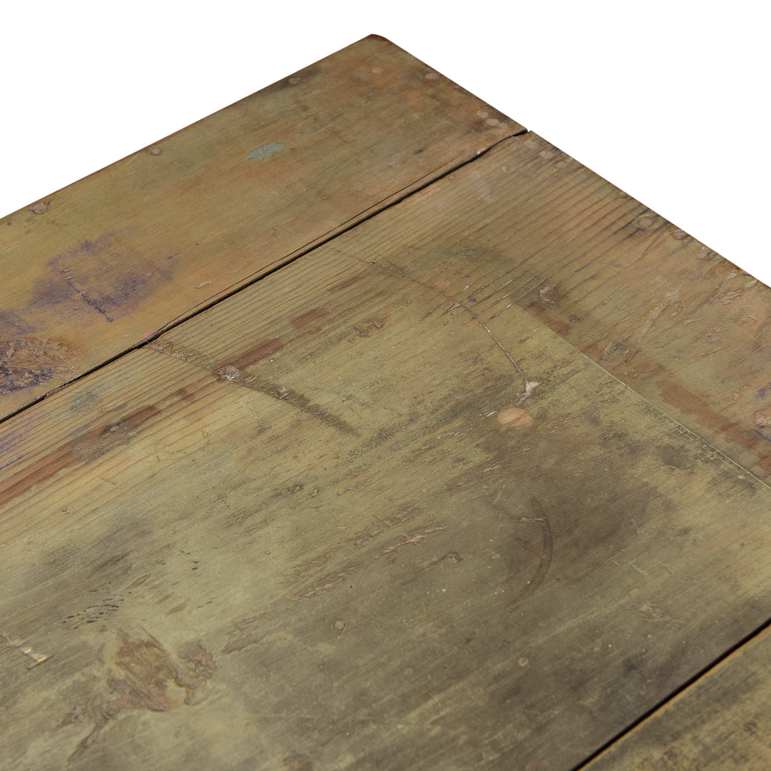 Wood side table/console green with one shelf at the bottom detail view of the wood