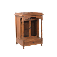 Side view of natural solid-teak wood box has two doors and a bottom drawer for extra storage