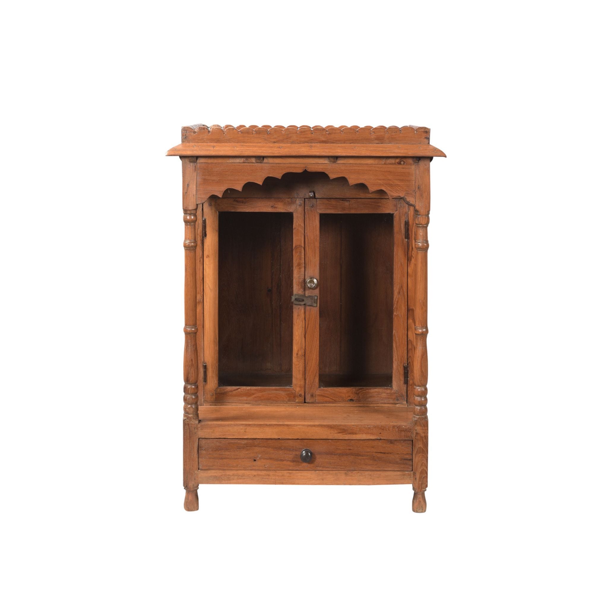 Natural solid-teak wood box has two doors and a bottom drawer for extra storage