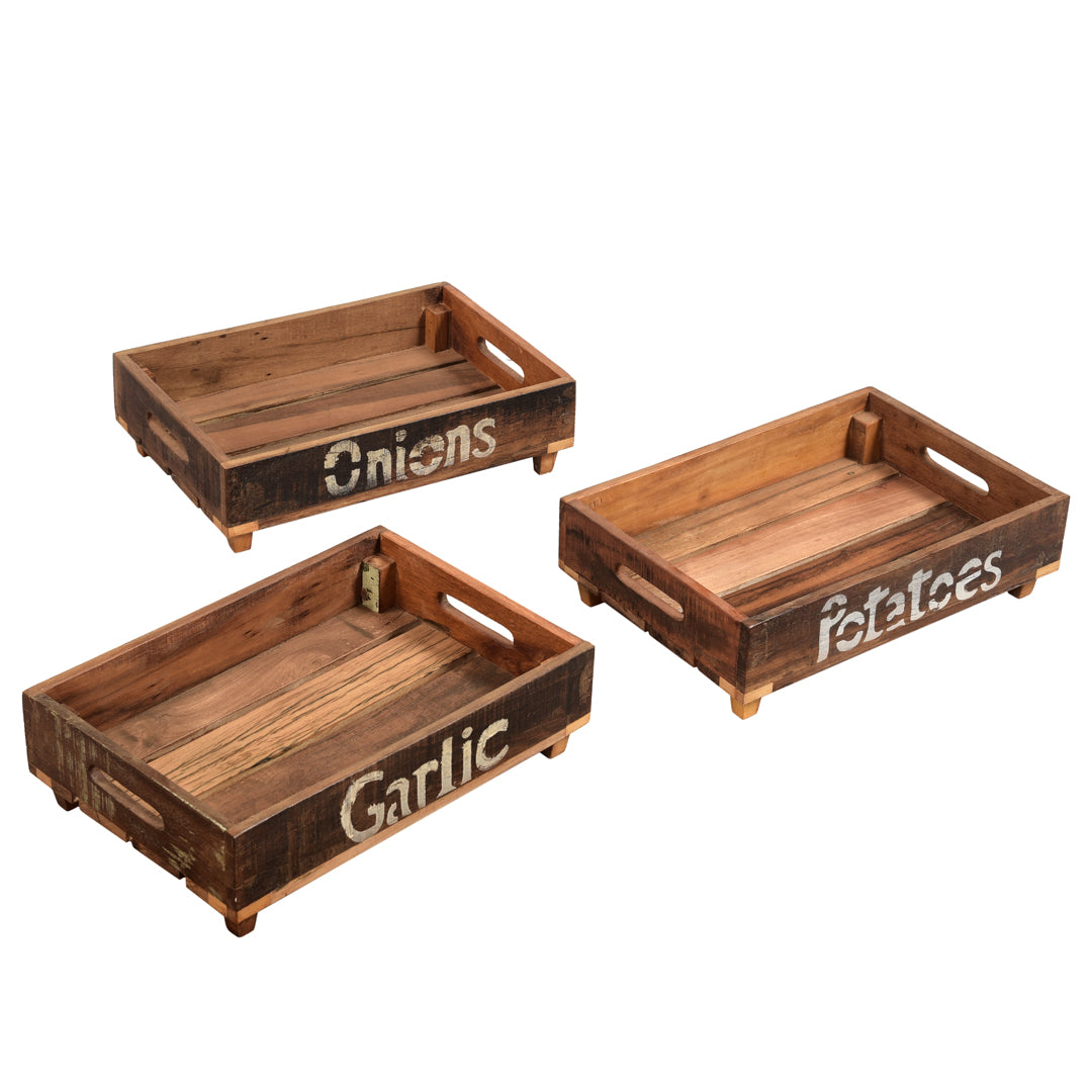 Vegetable Crate Separate With Potatoes, Onions and Garlic Birds Eye View