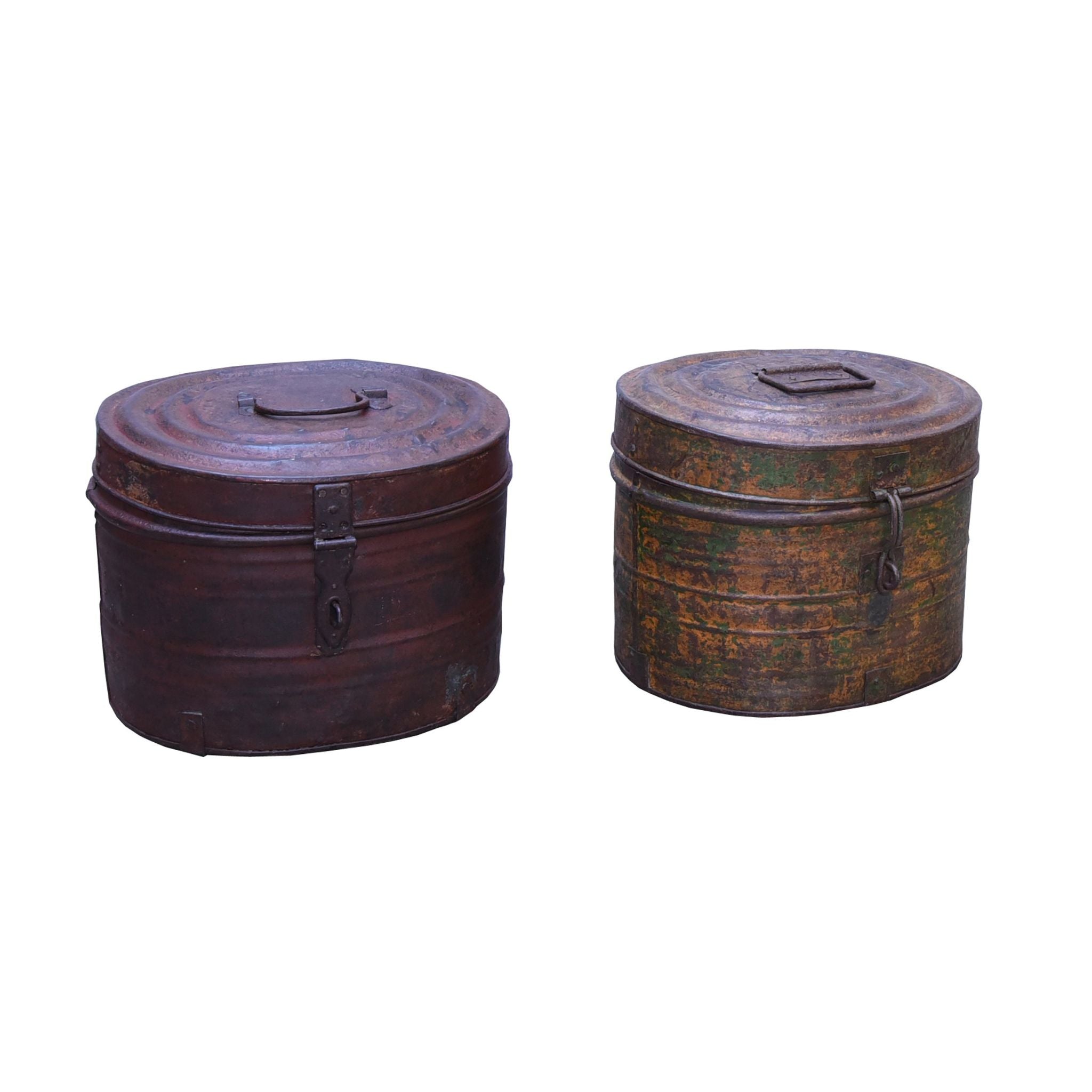 Two Vintage metal Box with lid & original rusty Red and orange mixed patina