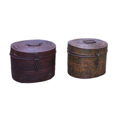 Two Vintage metal Box with lid & original rusty Red and orange mixed patina