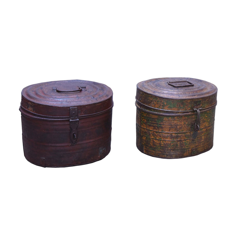 Two Vintage metal Box with lid & original rusty Red and orange mixed patina