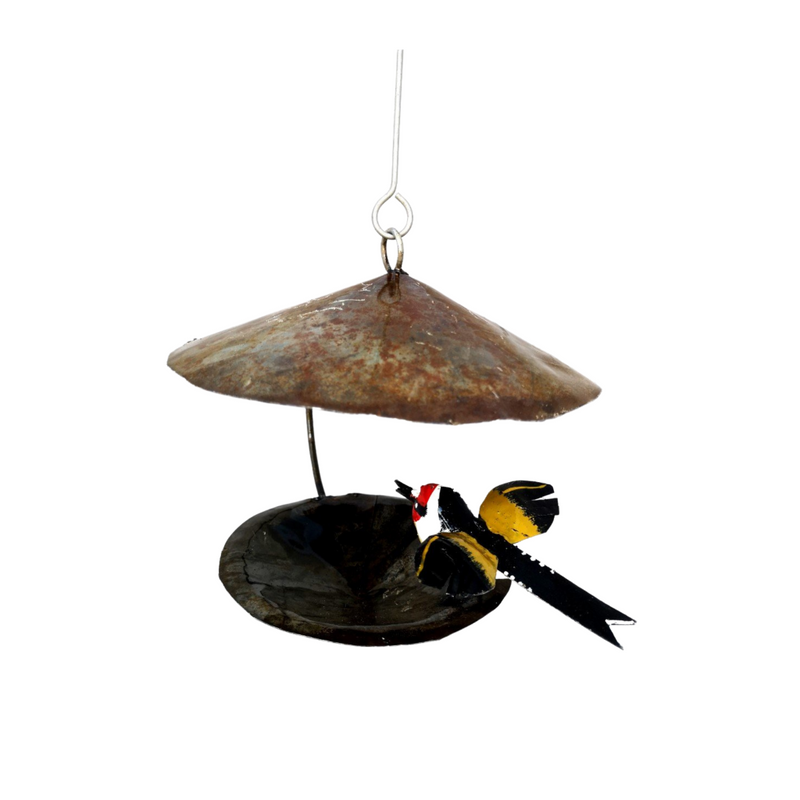 Hanging Recycled Metal Bird Feeder with Goldfinch side view