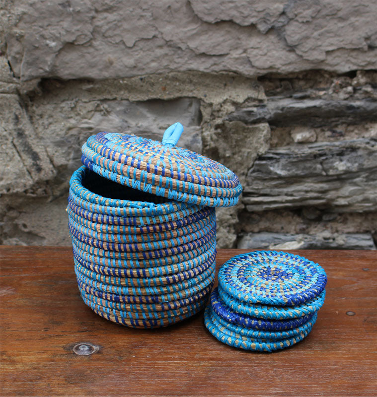 handcrafted set of 12 coaster in basket blue open with coasters