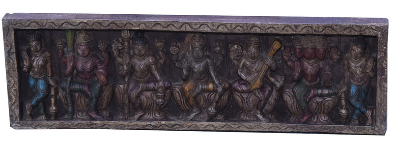 Vintage indian carved wood representing mystics figures with a bit of colour