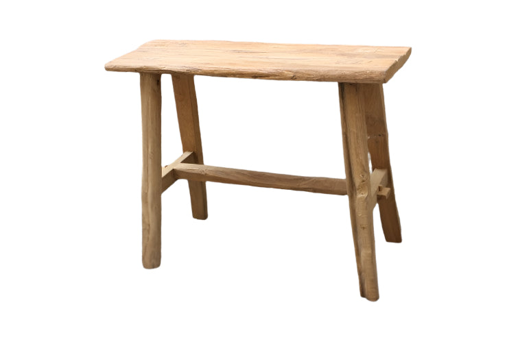 Mini Bench made of recycled teak with 4 legs and a barre across. Showing the side of the 60cm