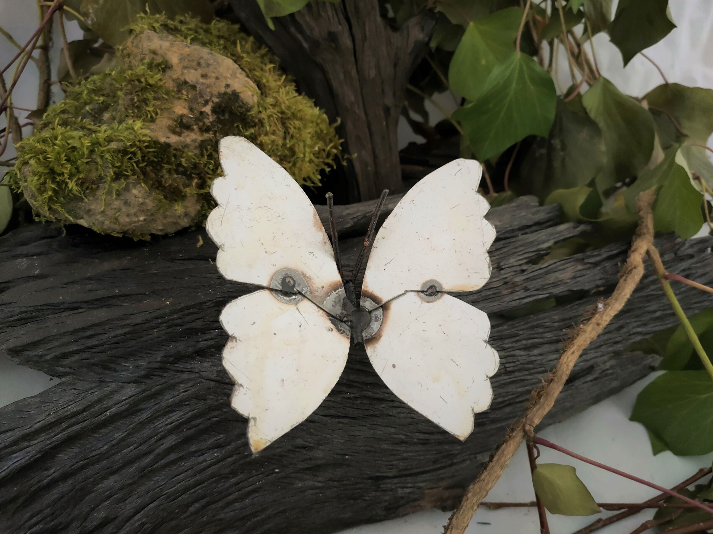 Small Recycled Metal Butterfly white colour front view