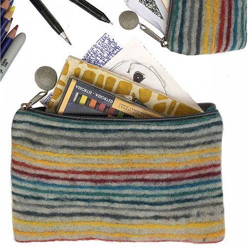 Stripe Felt Pouch with a packet of pastels and notebook coming out