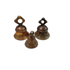 3 vintage brass bells on a white background