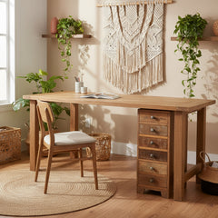 Wooden dresser with multiple drawers under a wood table