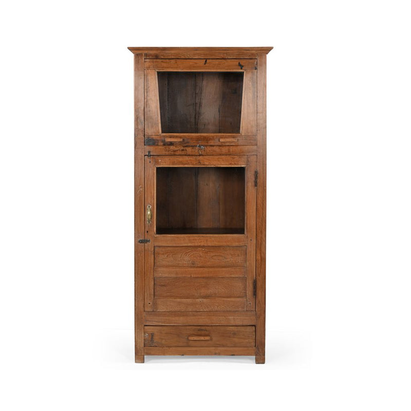 Vintage teak wood glass cabinet with top storage with glass, a door half glass, half wood and a wood drawer at the bottom, front view