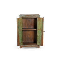 Vintage blue green cabinet with 2 doors and brass latch & handles open doors showing one inner shelf natural wood.