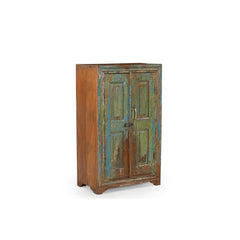Vintage blue green cabinet with 2 doors and brass latch & handles side view showing that only the front is painted
