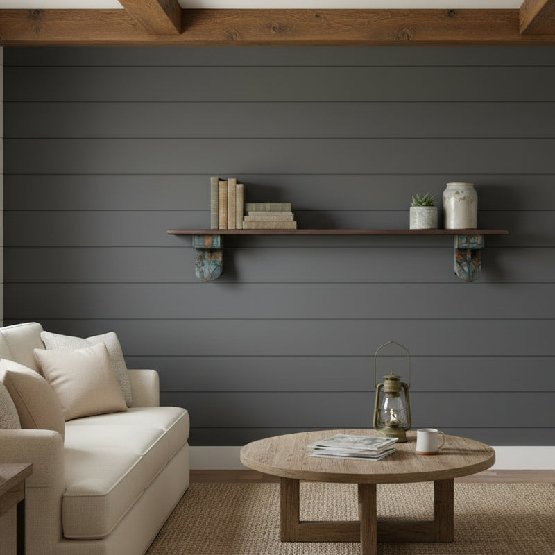wood shelf with 2 reclaimed architrave as brackets on a grey wall in a farmhouse style living room