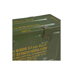 Original army green metal box with yellow writings showing the detail of the top.