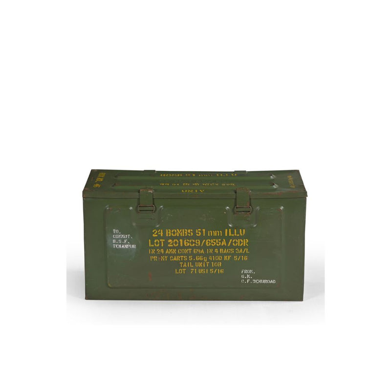 Original army green metal box with yellow writings showing the front.