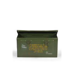 Original army green metal box with yellow writings showing the top open