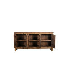 Rustic Wooden sideboard with 3 double doors made of reclaimed wood. Showing the doors open revealing one inner shelf.