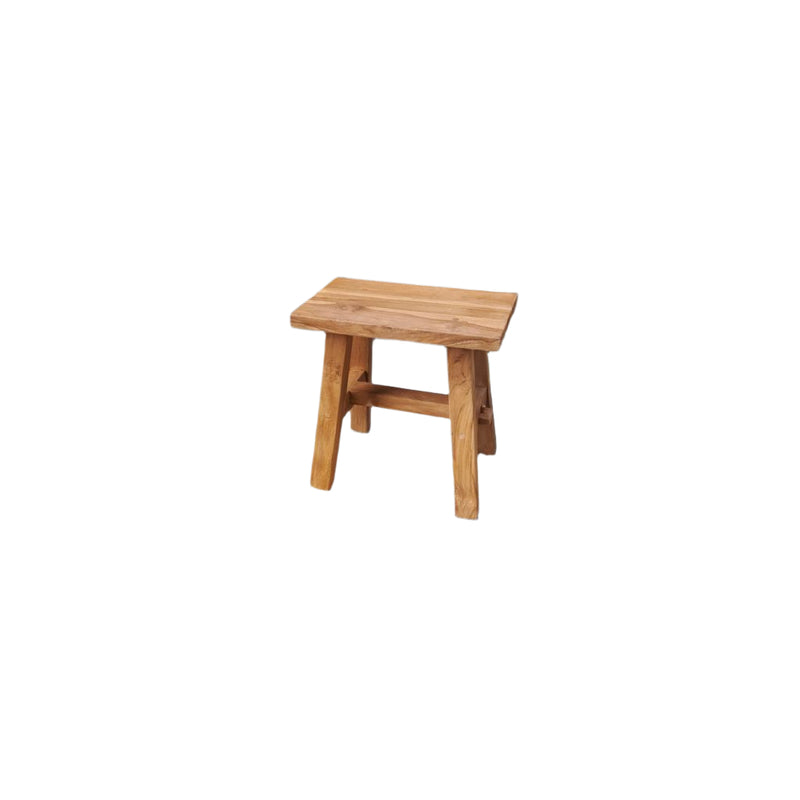 Small low stool made of reclaimed natural teak, showing front view